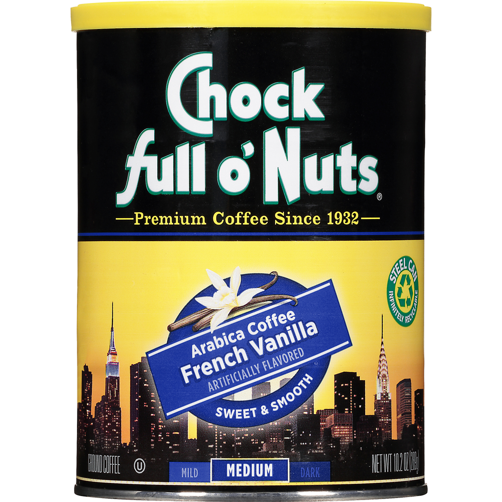 A can of French Vanilla coffee filled with premium beans from Chock full o'Nuts.