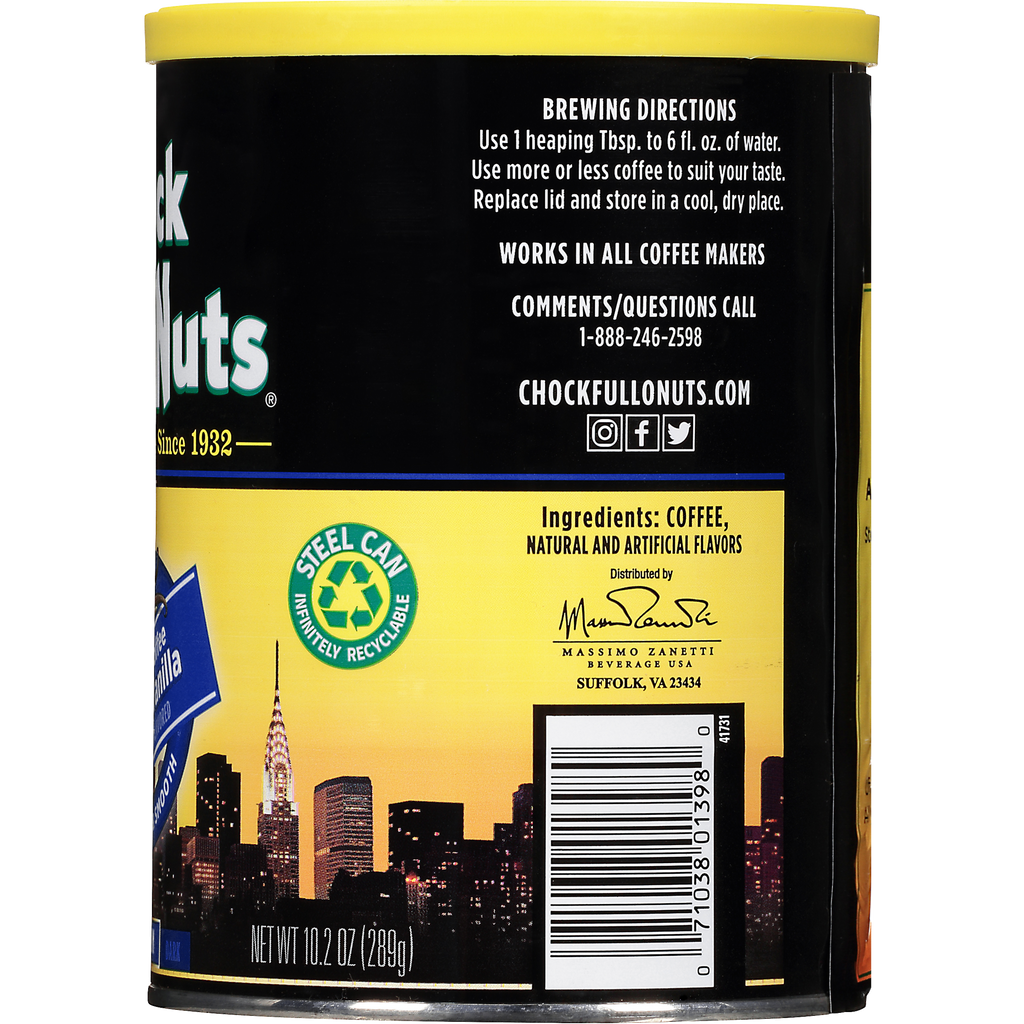 A can of French Vanilla - Medium - Ground coffee from Chock full o'Nuts on a dark background.