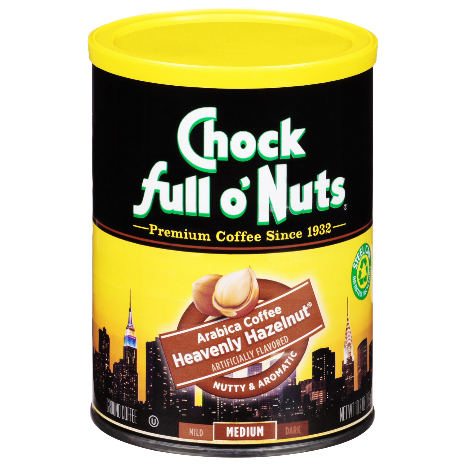 A tin of Chock full o'Nuts Heavenly Hazelnut - Medium - Ground kosher coffee.