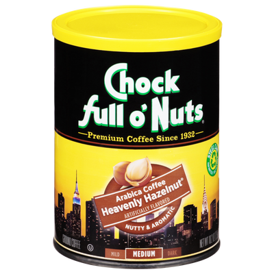A tin of Chock full o'Nuts Heavenly Hazelnut - Medium - Ground kosher coffee.