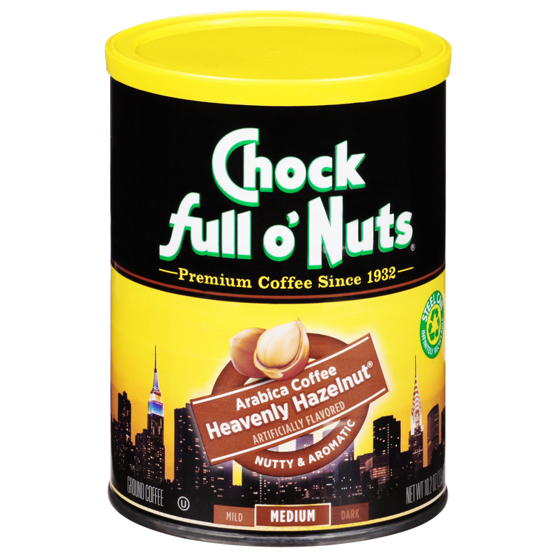 A tin of Chock full o'Nuts Heavenly Hazelnut - Medium - Ground kosher coffee.