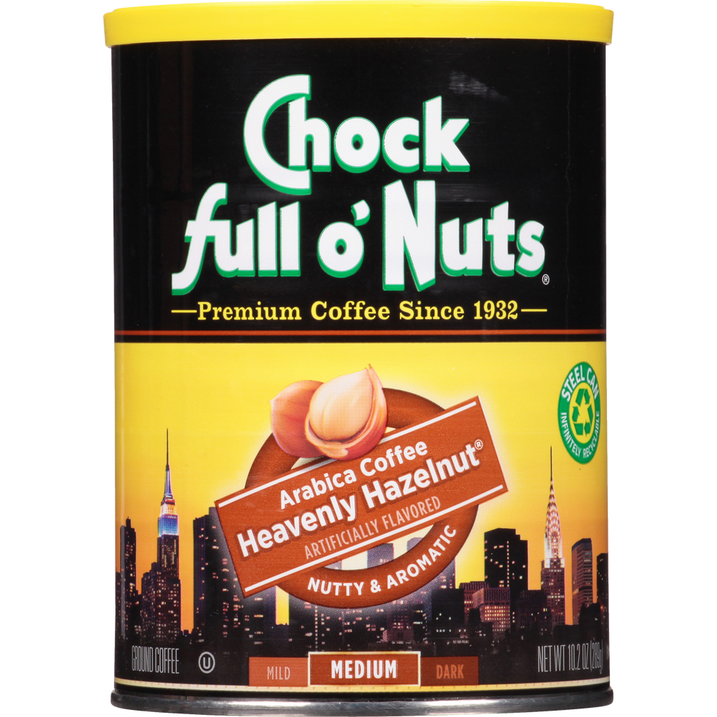 A tin of Chock full o'Nuts Heavenly Hazelnut - Medium - Ground coffee beans full of hazelnut flavor.