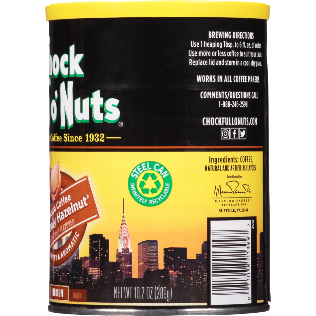A tin of Chock full o'Nuts Heavenly Hazelnut - Medium - Ground with a city in the background.