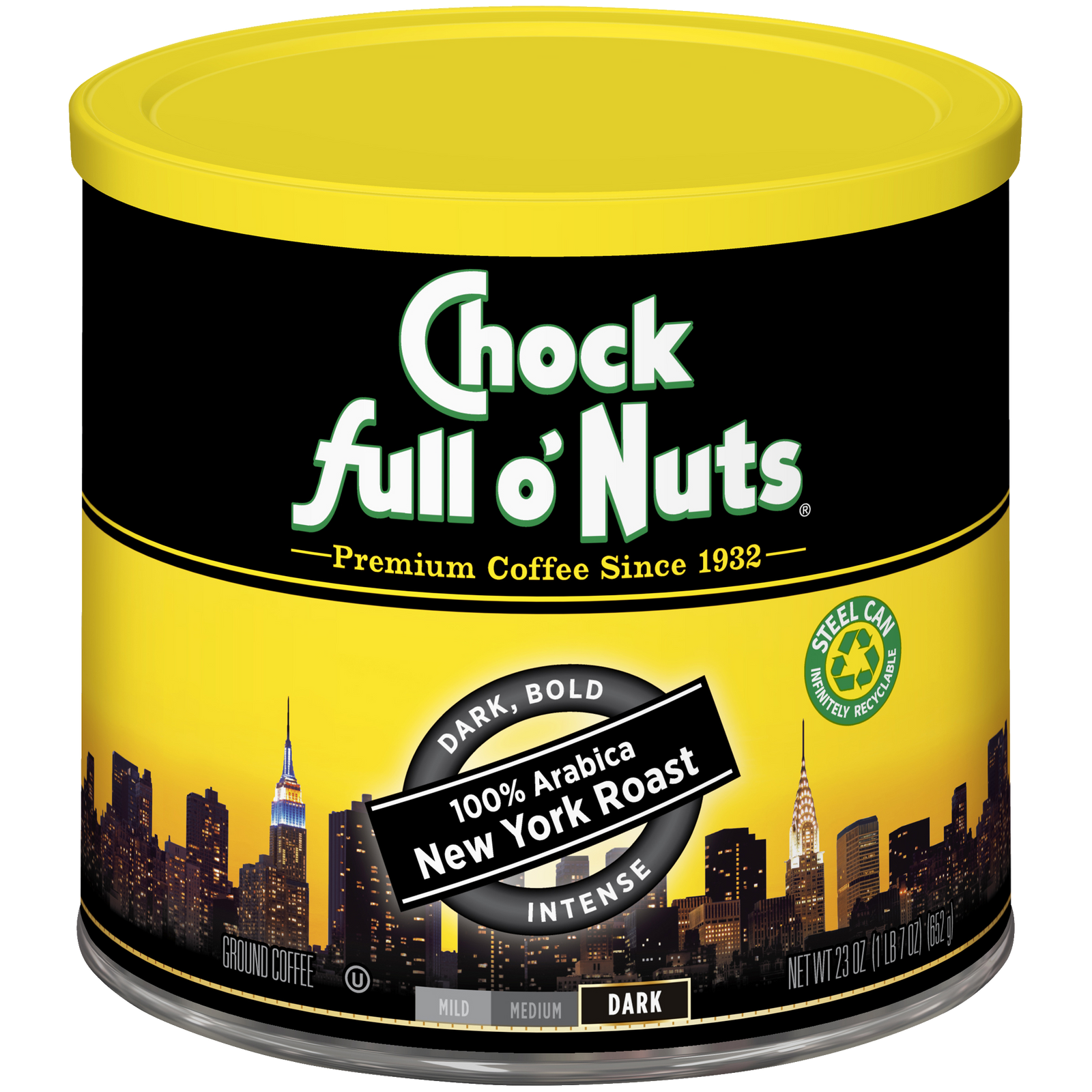 A tin of premium Arabica coffee from Chock full o'Nuts - New York Roast - Dark - Ground.