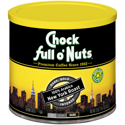 A tin of premium Arabica coffee from Chock full o'Nuts - New York Roast - Dark - Ground.