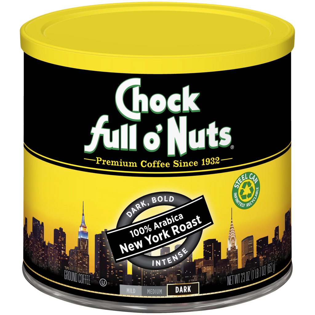 A tin of premium Arabica coffee from Chock full o'Nuts - New York Roast - Dark - Ground.