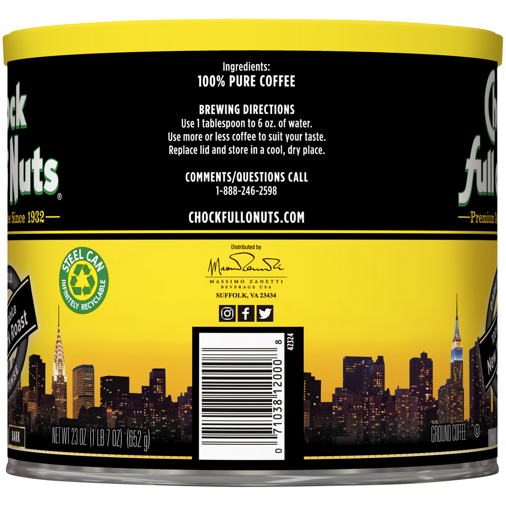 A tin of Chock full o'Nuts New York Roast - Dark - Ground coffee beans on a black background.