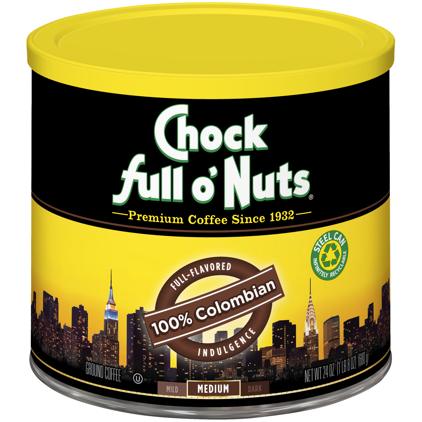 A tin of Chock full o'Nuts 100% Colombian - Medium - Ground coffee.