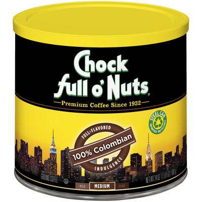 A tin of Chock full o'Nuts 100% Colombian - Medium - Ground coffee.