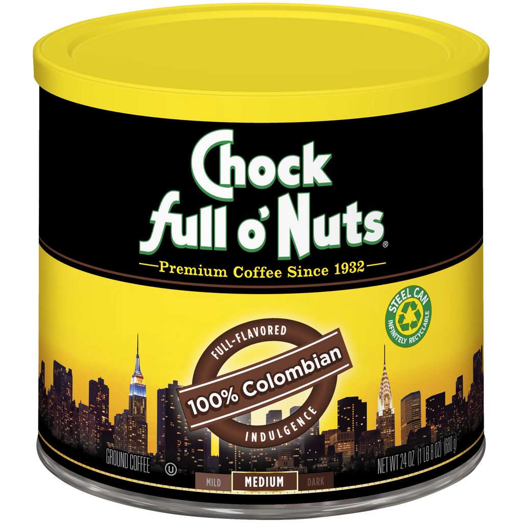 A tin of Chock full o'Nuts 100% Colombian - Medium - Ground coffee.