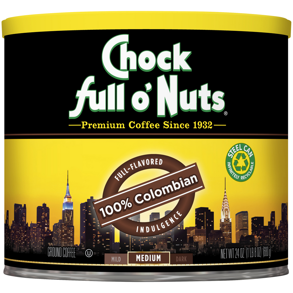 A tin of Chock full o'Nuts 100% Colombian - Medium - Ground coffee beans.
