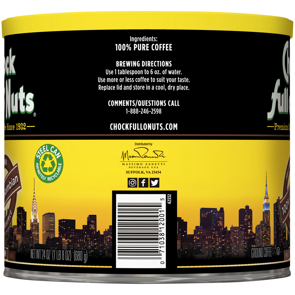 A tin of Chock full o'Nuts 100% Colombian - Medium - Ground coffee beans with a city skyline in the background.