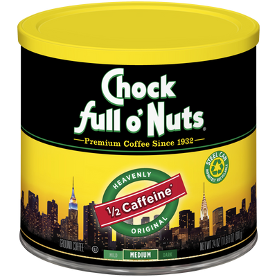 A tin of Heavenly 1/2 Caffeine - Medium - Ground coffee from Chock full o'Nuts, perfect for those who prefer half the caffeine.