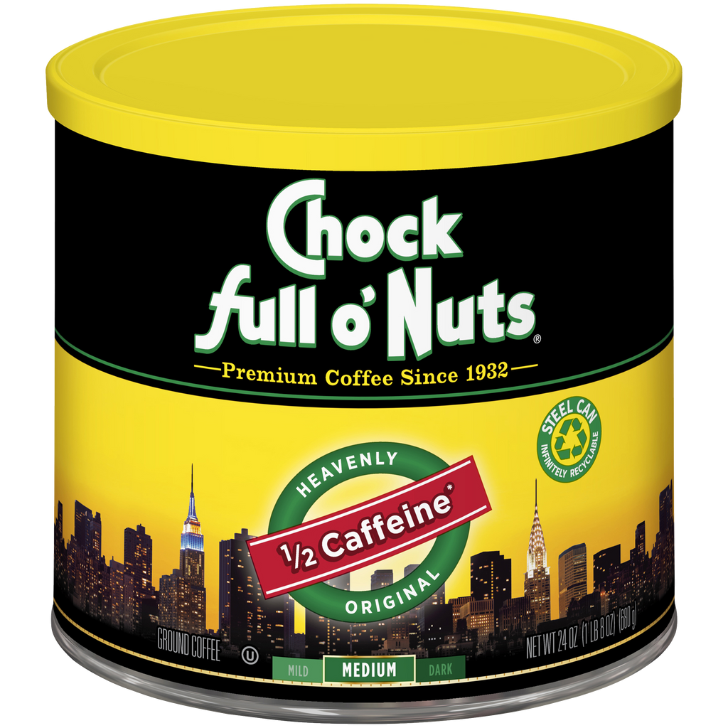 A tin of Heavenly 1/2 Caffeine - Medium - Ground coffee from Chock full o'Nuts, perfect for those who prefer half the caffeine.