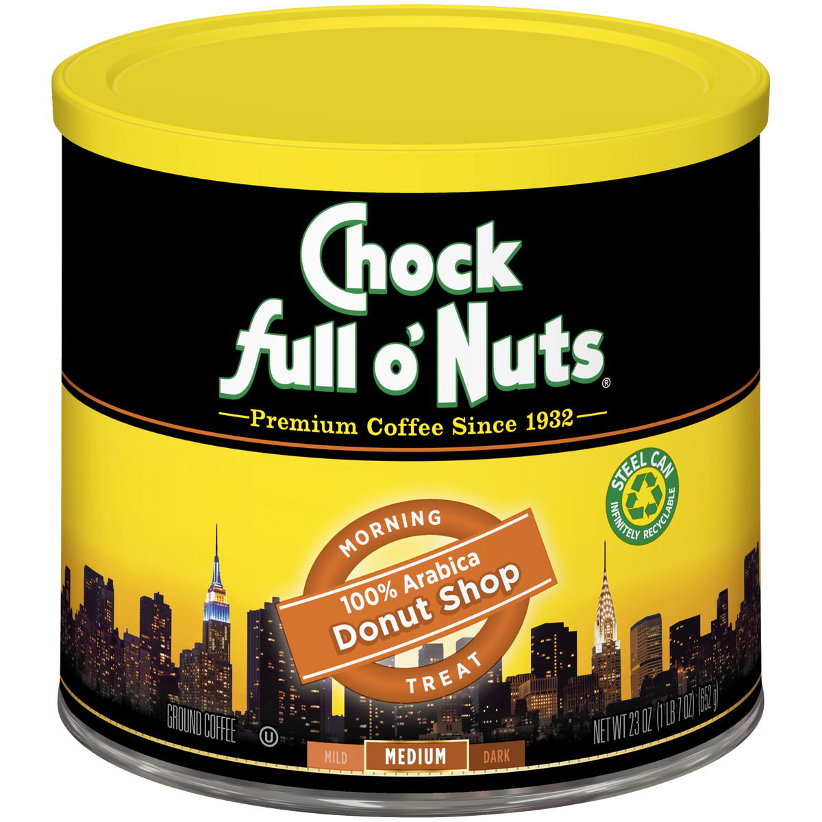 A tin of Chock full o'Nuts Donut Shop - Medium - Ground coffee.