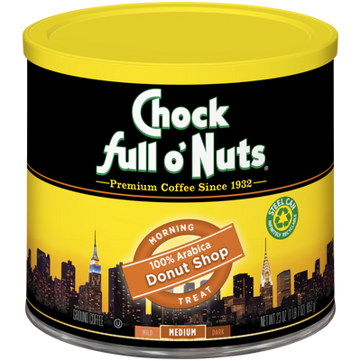 A tin of Chock full o'Nuts Donut Shop - Medium - Ground coffee.
