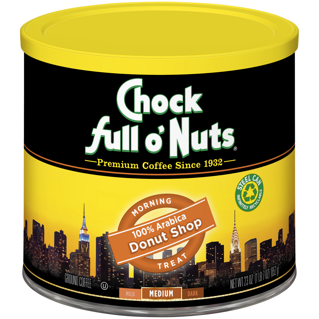 A tin of Chock full o'Nuts Donut Shop - Medium - Ground coffee.