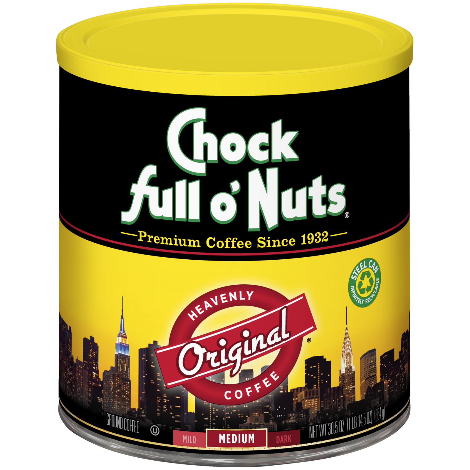 A premium tin of Heavenly Original - Medium - Ground coffee from Chock full o'Nuts.