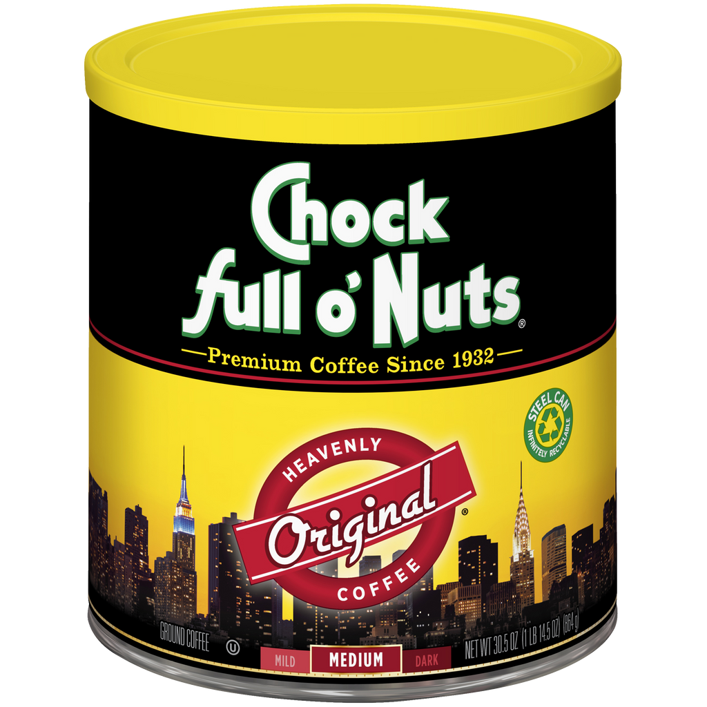 A premium tin of Heavenly Original - Medium - Ground coffee from Chock full o'Nuts.