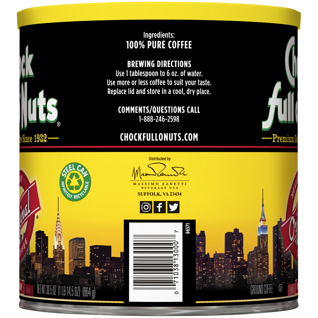 A tin of Chock full o'Nuts Heavenly Original - Medium - Ground coffee beans with a city skyline in the background.