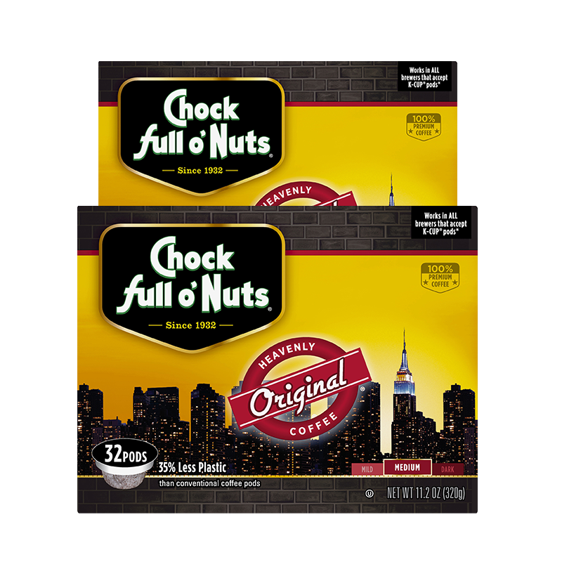 Two boxes of Chock full o'Nuts Heavenly Original - Single-Serve Pods - Medium full of nuts.