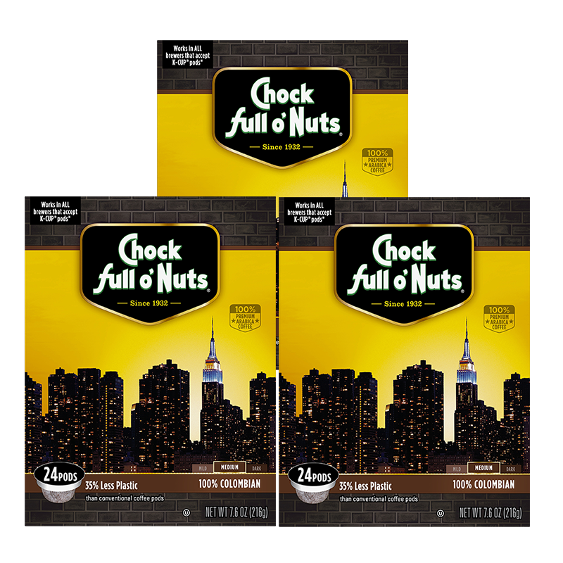 Three packages of Chock full o'Nuts 100% Colombian Single-Serve Pods Medium coffee, compatible with Keurig 2.0.