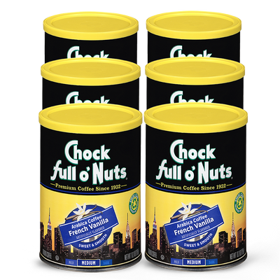Four cans full of French Vanilla - Medium - Ground coffee on a white background. Brand: Chock full o'Nuts
