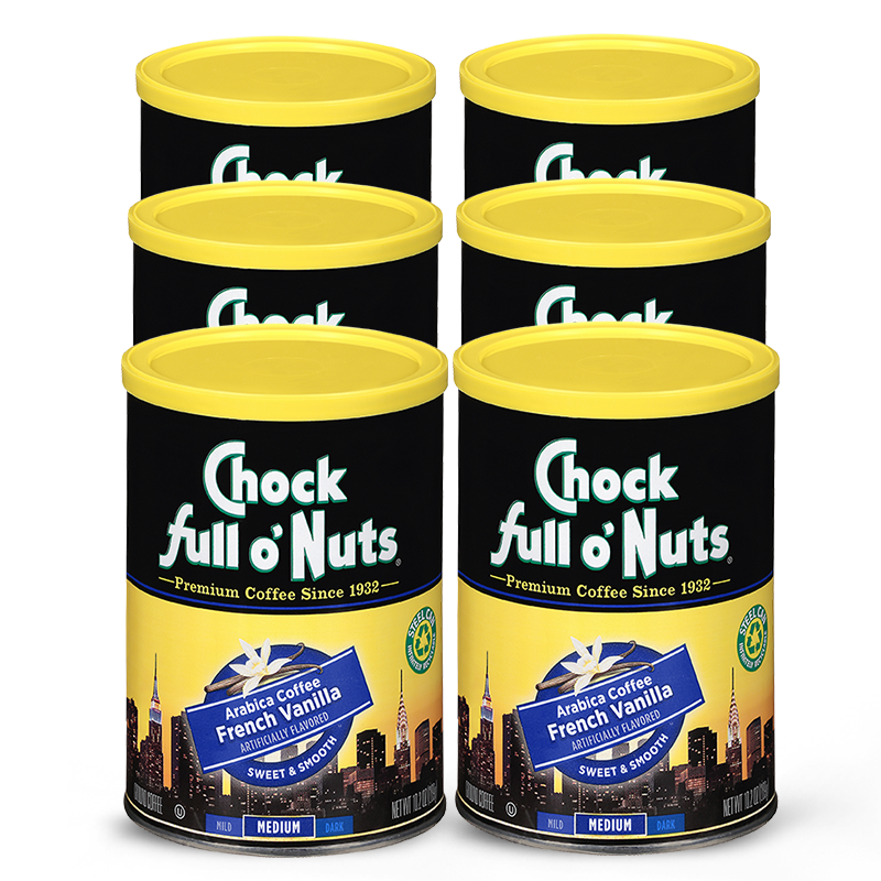Four cans full of French Vanilla - Medium - Ground coffee on a white background. Brand: Chock full o'Nuts