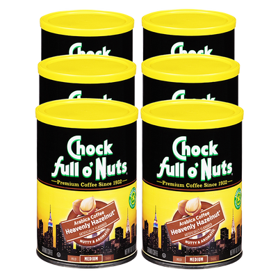 Four cans of Chock full o'Nuts Heavenly Hazelnut - Medium - Ground coffee packed full of rich, fresh nuts.