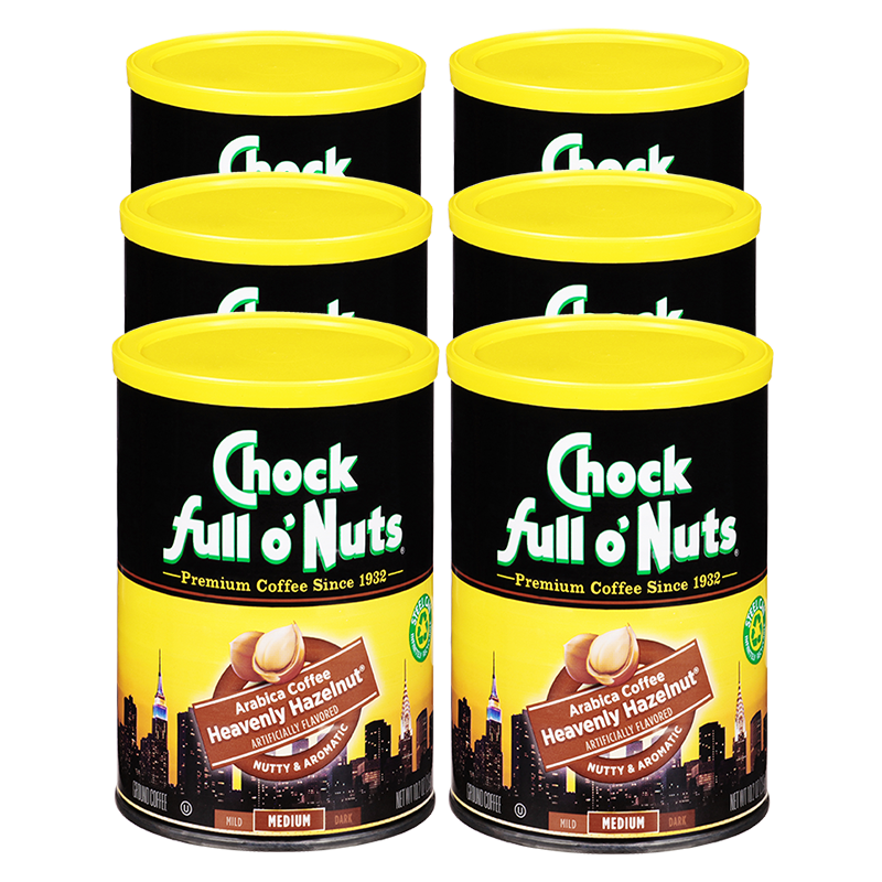 Four cans of Chock full o'Nuts Heavenly Hazelnut - Medium - Ground coffee packed full of rich, fresh nuts.
