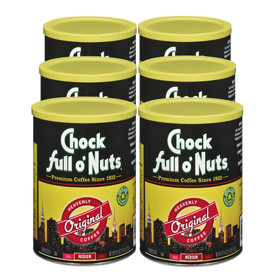 A tin of premium Heavenly Original - Medium - Ground coffee full o nuts Chock full o'Nuts.