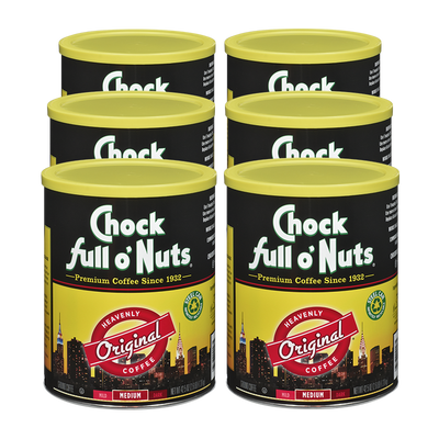 A tin of Chock full o'Nuts Heavenly Original - Medium - Ground nuts.