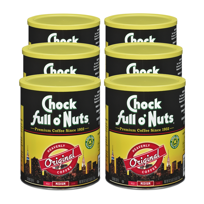 A tin of Chock full o'Nuts Heavenly Original - Medium - Ground nuts.
