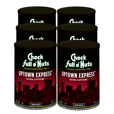 Four cans of Chock full o'Nuts Uptown Express - Extra Caffeine - Dark beans.