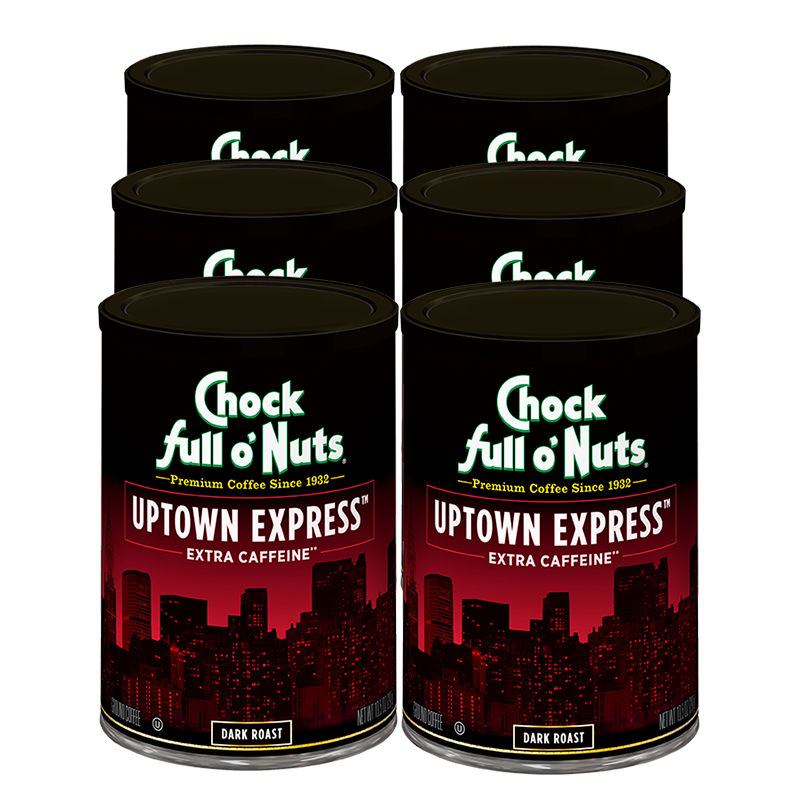 Four cans of Chock full o'Nuts Uptown Express - Extra Caffeine - Dark beans.