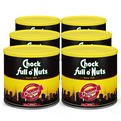 Six cans of Chock full o'Nuts Heavenly Original - Medium - Ground coffee on a white background.