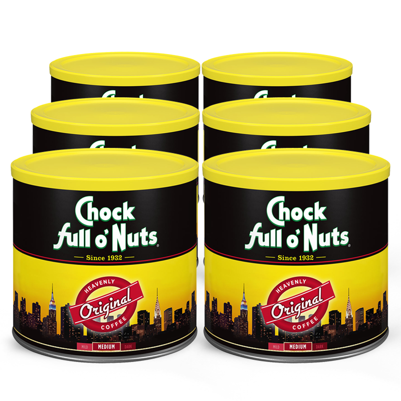 Six cans of Chock full o'Nuts Heavenly Original - Medium - Ground coffee on a white background.