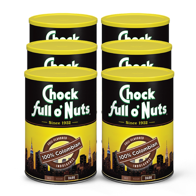 Six cans of Chock full o'Nuts 100% Colombian - Medium - Ground coffee with full nuts on a white background.