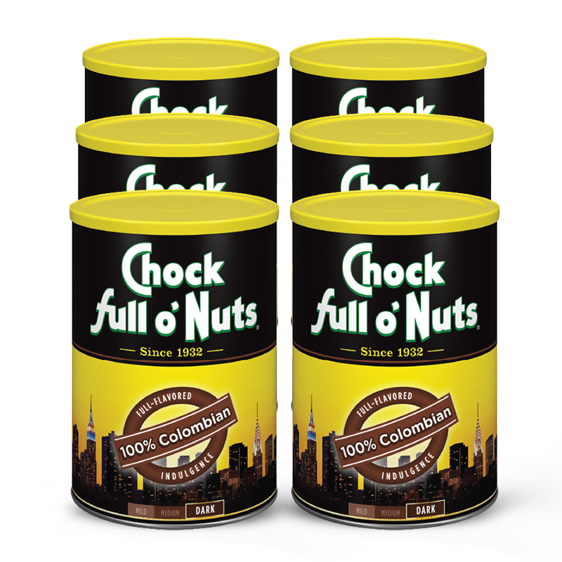 Six cans of Chock full o'Nuts 100% Colombian - Medium - Ground coffee with full nuts on a white background.