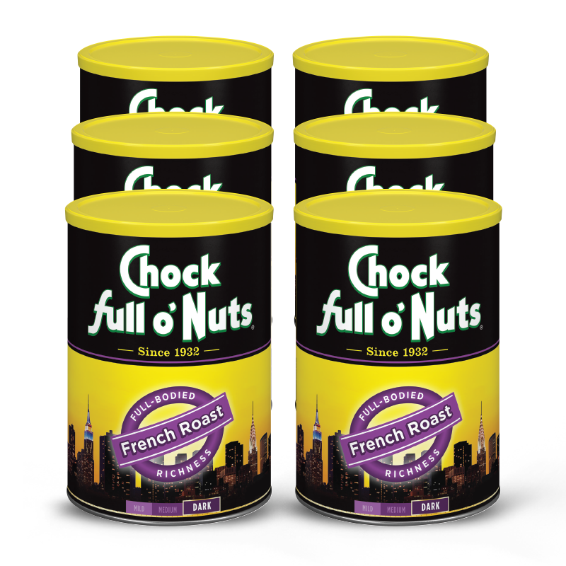 Four cans of French Roast - Dark - Ground coffee, Chock full o'Nuts.