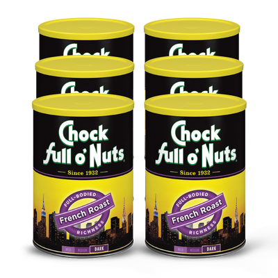 Four cans of French Roast - Dark - Ground coffee, Chock full o'Nuts.