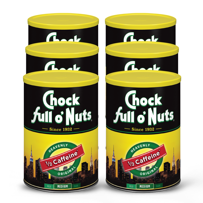 Check Heavenly 1/2 Caffeine - Medium - Ground - 4 tins of premium coffee beans by Chock full o'Nuts.