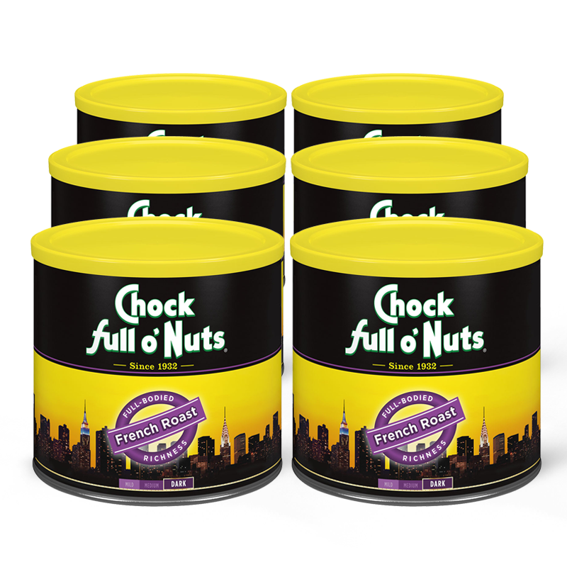 A tin of premium beans, Chock full o'Nuts French Roast - Dark - Ground coffee.