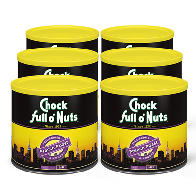 A tin of premium beans, Chock full o'Nuts French Roast - Dark - Ground coffee.