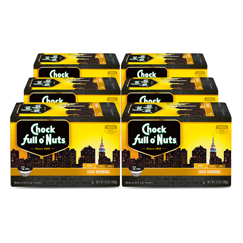A pack of six boxes of Soho Morning - Single-Serve Pods - Mild coffee, Chock full o'Nuts brand, Keurig 2.0 compatible.