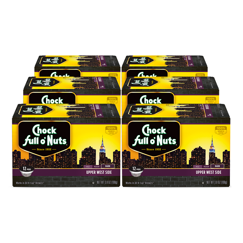 A box of Upper West Side - Single-Serve Pods - Dark for Keurig 2.0, perfect for a quick cup of coffee anytime by Chock full o'Nuts.