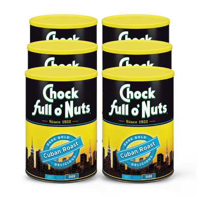 This pack of 6 premium Chock full o'Nuts Cuban Roast - Dark - Ground coffee pods is full of nuts.