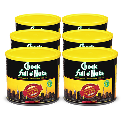 Six cans of Dark & Bold coffee made with premium Arabica beans by Chock full o'Nuts.