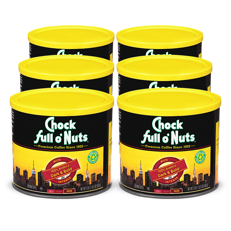 Six cans of Dark & Bold coffee made with premium Arabica beans by Chock full o'Nuts.