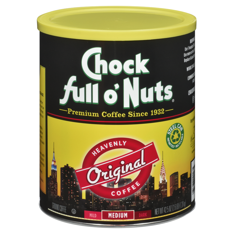 A tin of Heavenly Original - Medium - Ground coffee from Chock full o'Nuts.